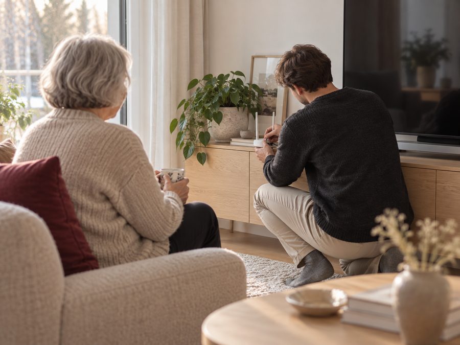 Nuori mies säätää kodin laitetta olohuoneessa, iäkäs nainen seuraa nojatuolista.